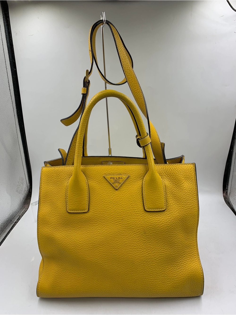 Prada Yellow Cabas Pebbled Leather Tote with Strap